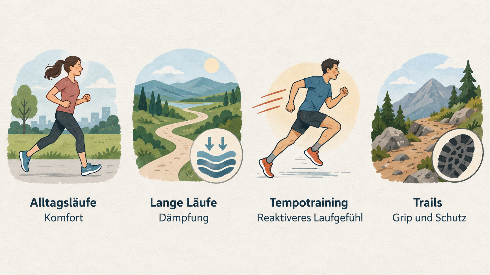 Eine nummerierte Checkliste der vier im Abschnitt genannten Laufbereiche und ihrer Auswahlkriterien zeigen.