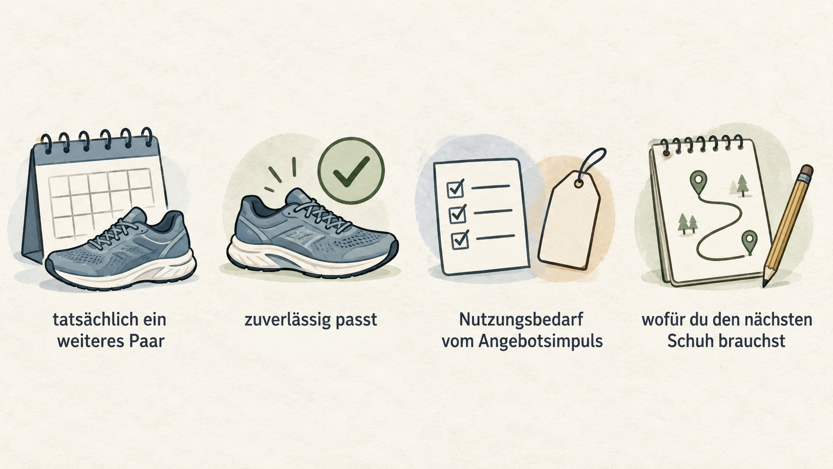One row of icons labeling the five uses stated for the next shoe: ruhige Alltagskilometer, längere Läufe, Tempoeinheiten, Wege zur Arbeit, bestimmten Wettkampf.