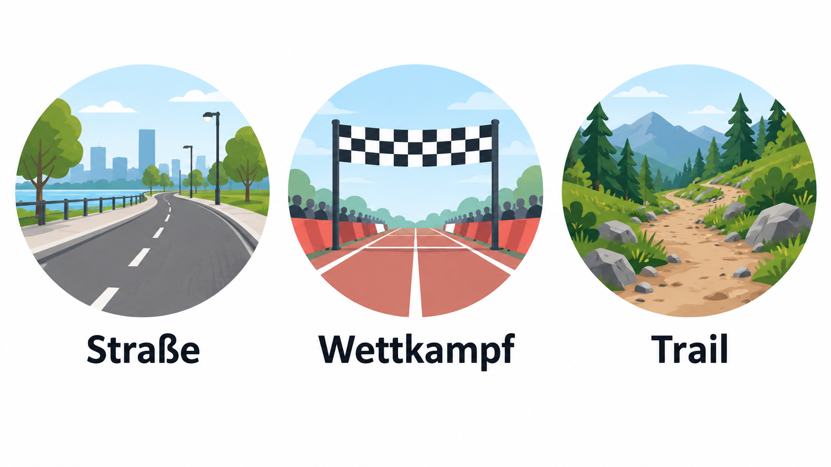 Eine Reihe aus vier Icons mit den im Abschnitt genannten Orientierungspunkten: Untergrund, Trainingszweck, Lauftyp sowie Größe und Tragegefühl.