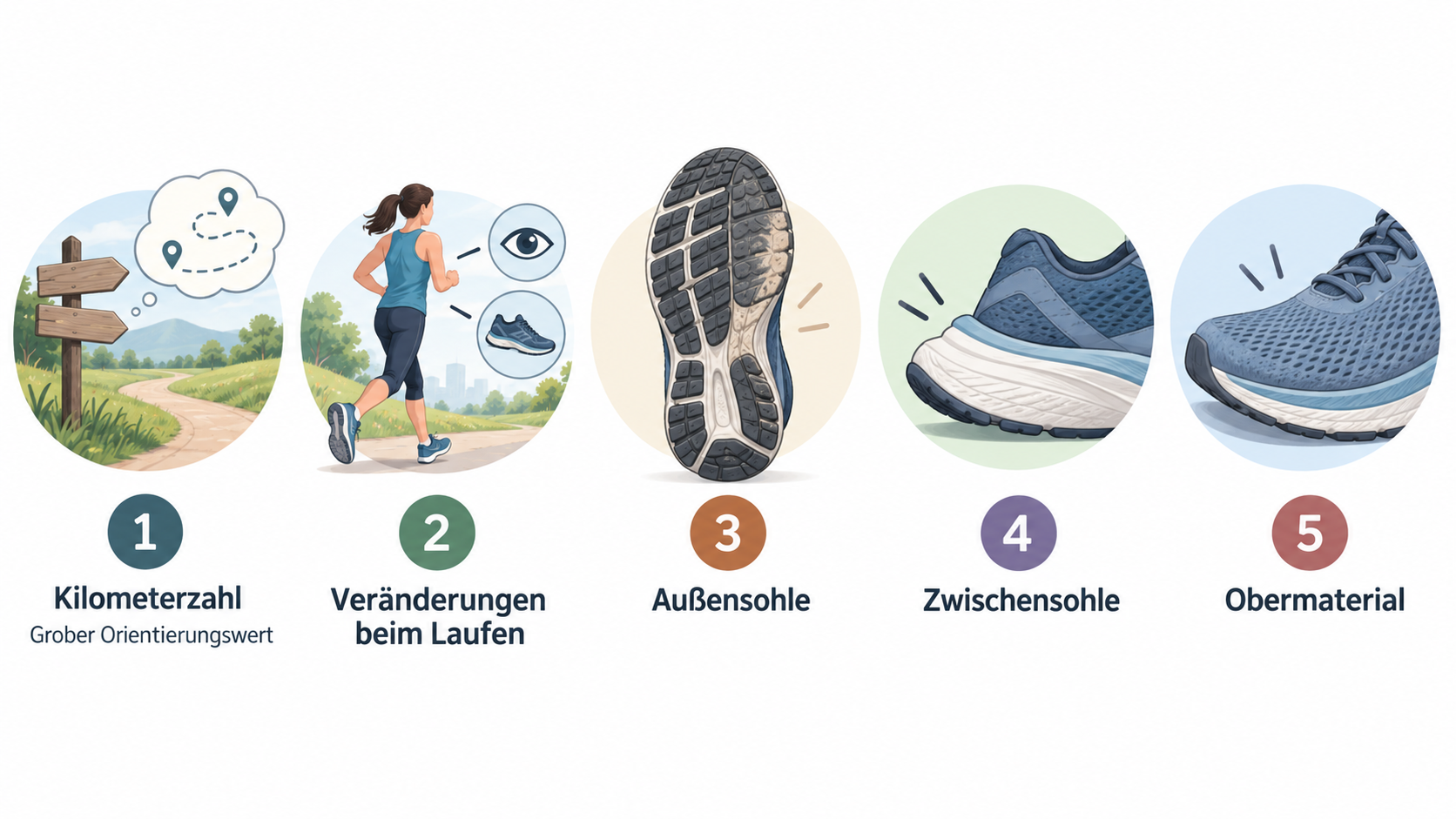 A numbered checklist of the shoe condition checks stated in the section: Außensohle, Zwischensohle und Obermaterial, Fersenfutter, Einlegesohle und Sitz der Ferse, Veränderungen