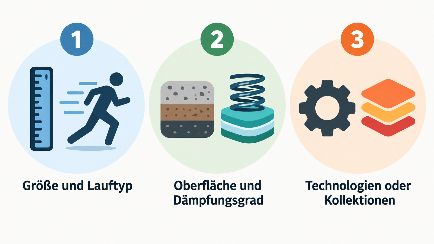 Eine nummerierte Checkliste mit fünf im Abschnitt genannten Auswahlschritten zeigen: „Verfügbare Größe“, „vorgesehener Lauftyp“, „Oberfläche und Dämpfungsgrad“, „Technologien oder