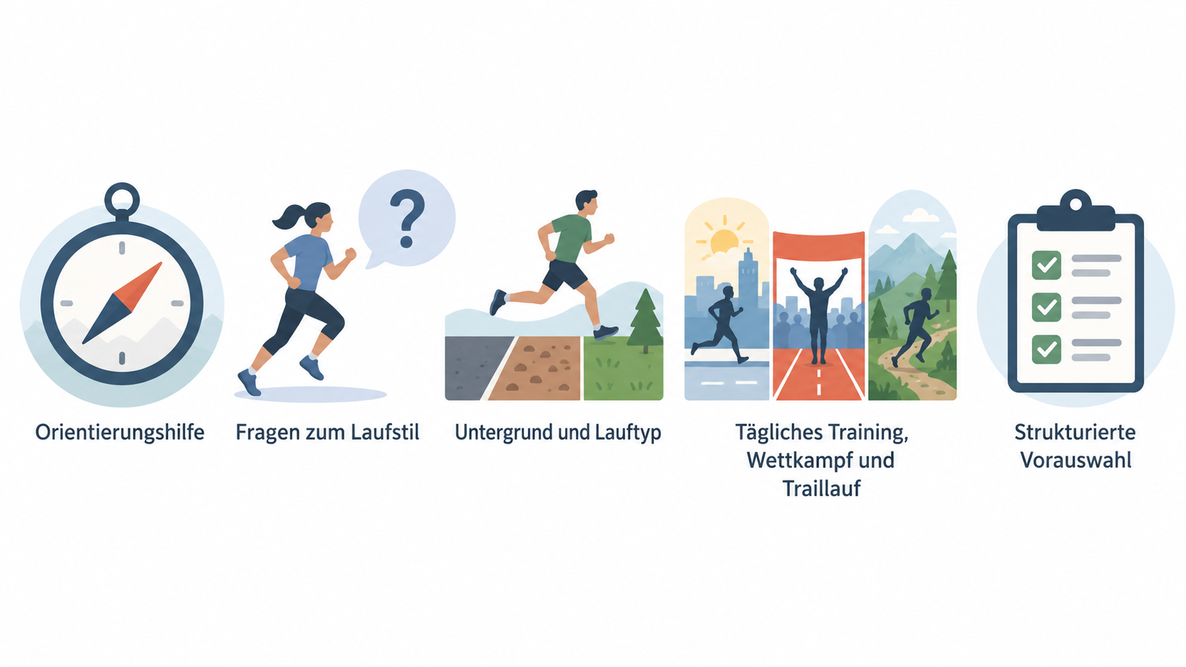 Eine nummerierte Checkliste der im Abschnitt genannten Schritte und Prüfungen bei der Nutzung des Shoe Finders: Untergrund, Lauftyp, Trainingszweck, konkrete Produktinformationen
