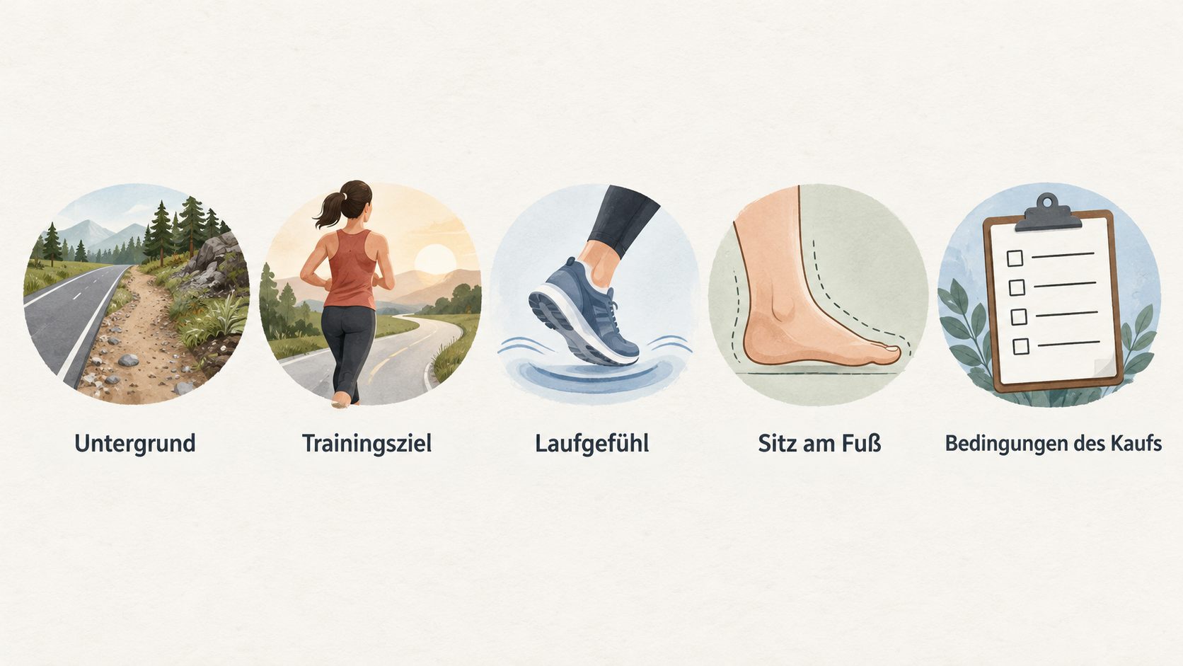 Summarize the five factors the introduction says belong together when choosing a running shoe, using one row of five labeled icons.